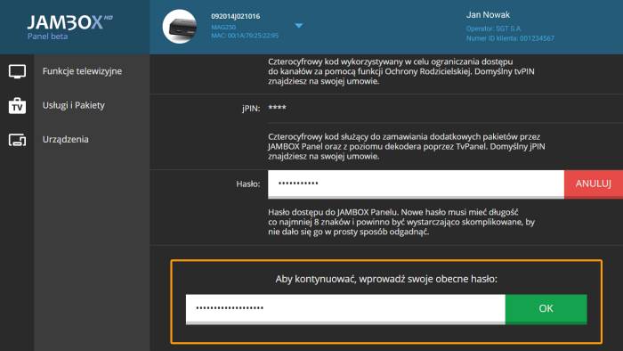Jambox Panel - zmiana hasła