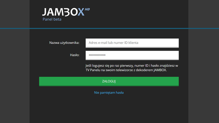 Jambox Panel TV - Logowanie