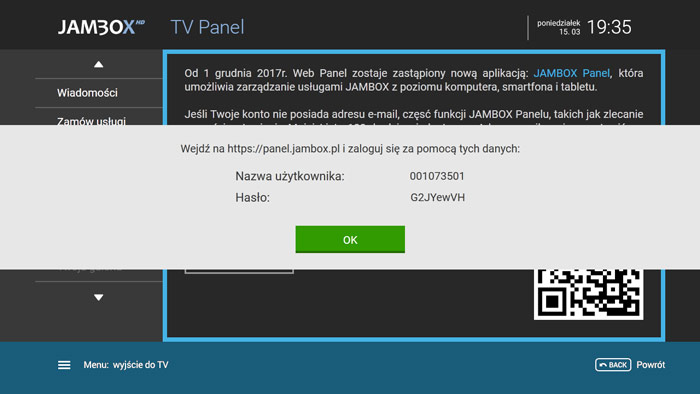 Jambox Panel TV - generuj hasło